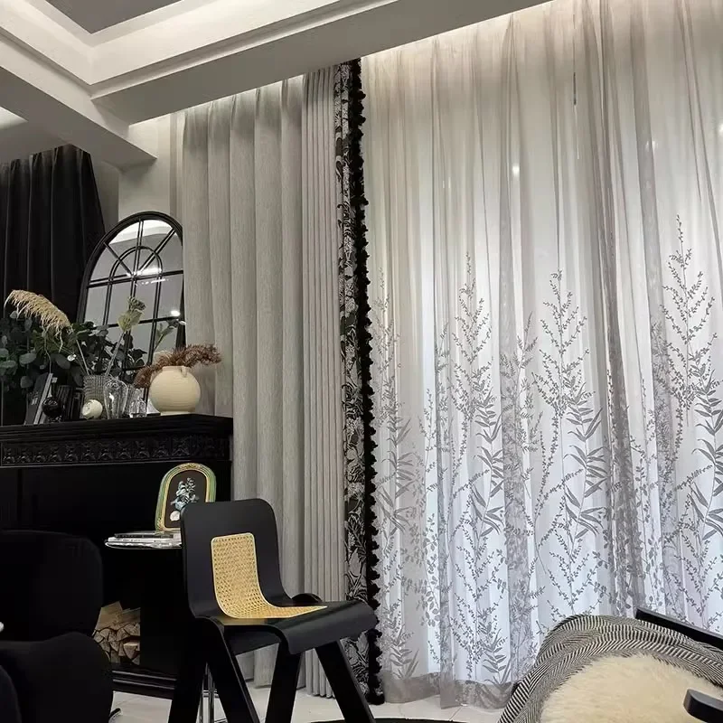 High-grade Black and White Grey Cashmere Nylon Jacquard Thickened Curtains for Living Room Bedroom Balcony Villa Customised