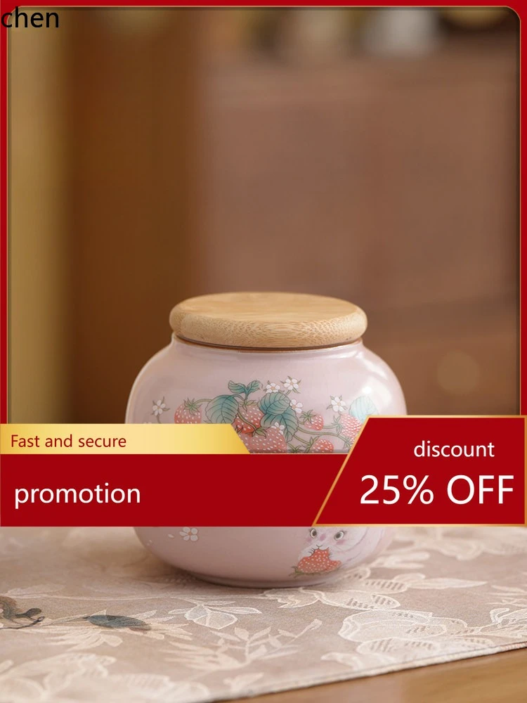 Cz pink ru kiln strawberry rabbit tea can ceramic for home sealed portable storage canned loose tea empty jar