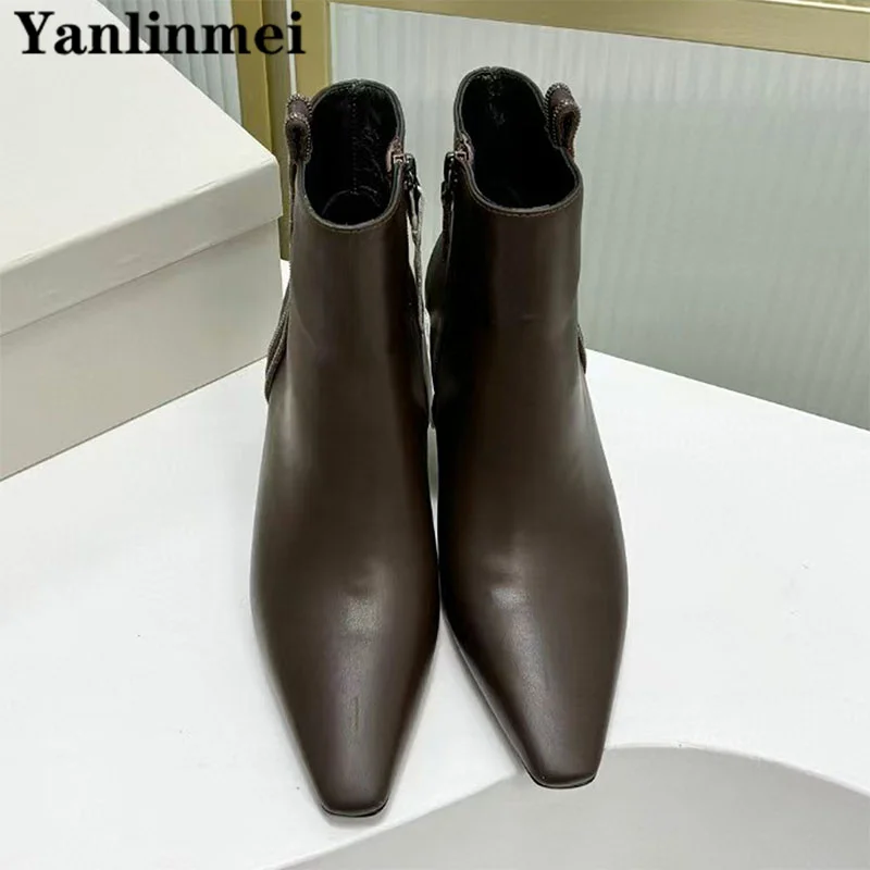 Sexy Kitten Heels Short Boots For Women Small Square Toe String Bead Runway Shoes Genuine Leather High Heels Ankle Boots Woman