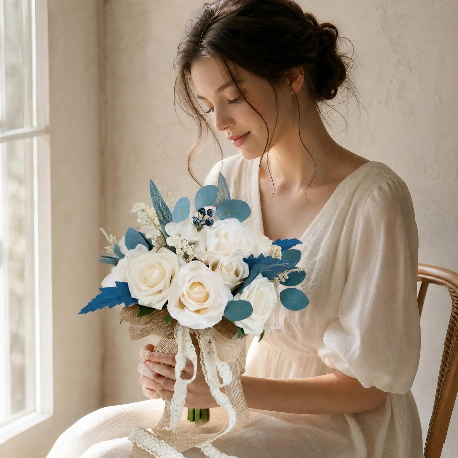 Blue and White Silk Flower Wedding Bouquet Artificial Roses Tied Handle with Lace Ribbons for Bridal Photography Home Display