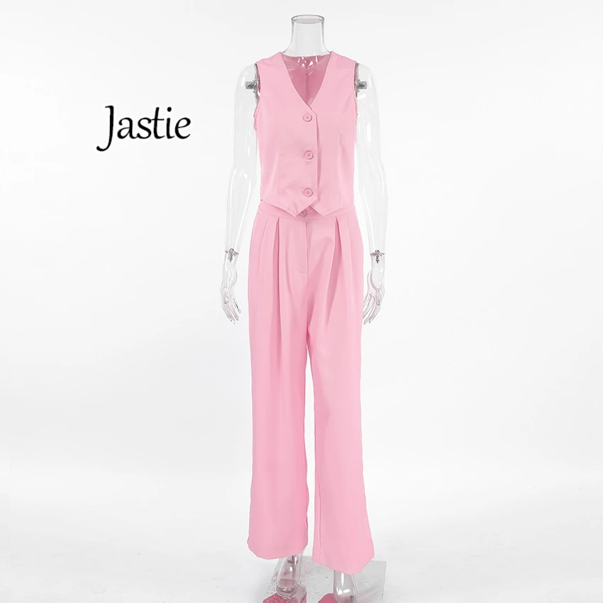 Jastie 2024  Fashion Office Lady V-Neck Tops Casual Wide Leg Pants Outfit Summer Sleeveless Pink Pants Suits Women 2 Pieces Sets