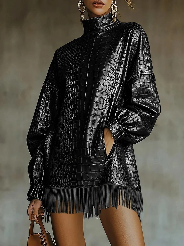 

Fashion PU Leather Tassel Mini Dress High Collar Lantern Sleeve Pocket Fringe Hem Crocodile High Street Party Dress for Women