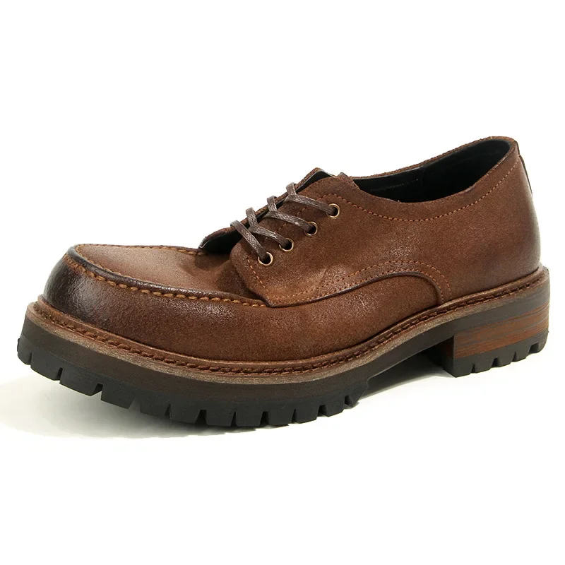 Wax Matte Retro Round Head Tooling Shoes Big Head Leather Shoes Thick Sole Simple Casual Leather Shoes