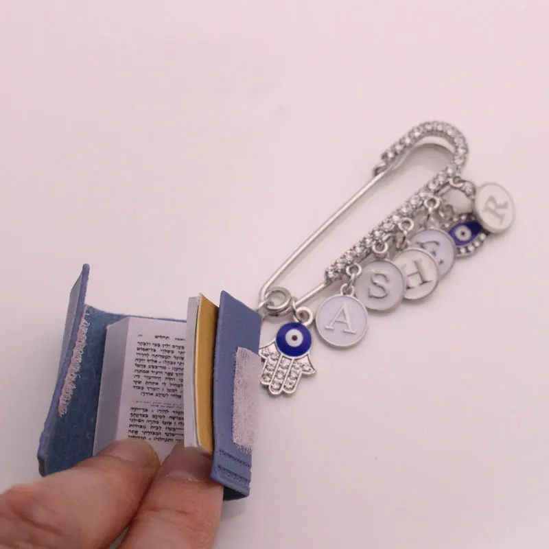 ZKD customise english name Tehillim book Hebrew blue blessing brooch pin evil eye hamsa protection jewish gift