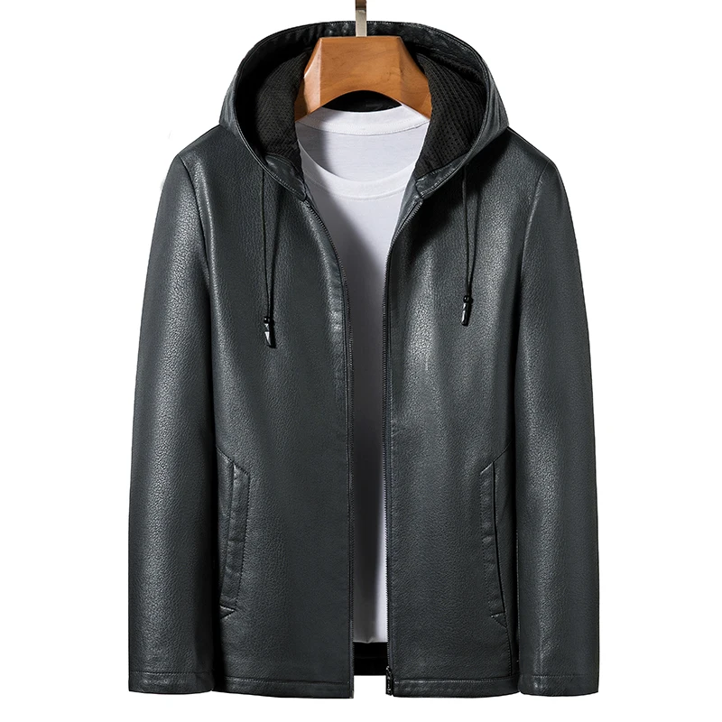 ZDT-8002 Spring And Autumn New Men\'s Hooded Leather Jacket Sheepskin Business Casual Warm Jacket Thick And Thin Can Choose