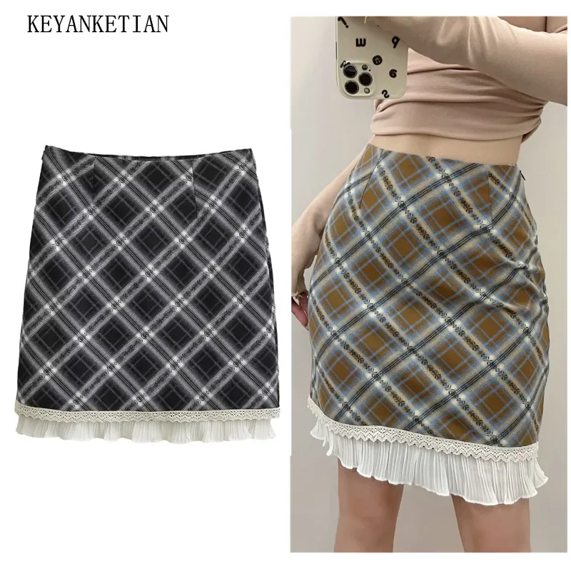 KEYANKETIAN 2024 New Launch Women's Seam Detail Decoration Side Zipper Argyle Plaid High-Waisted Mini Skirt Y2K Retro Skort