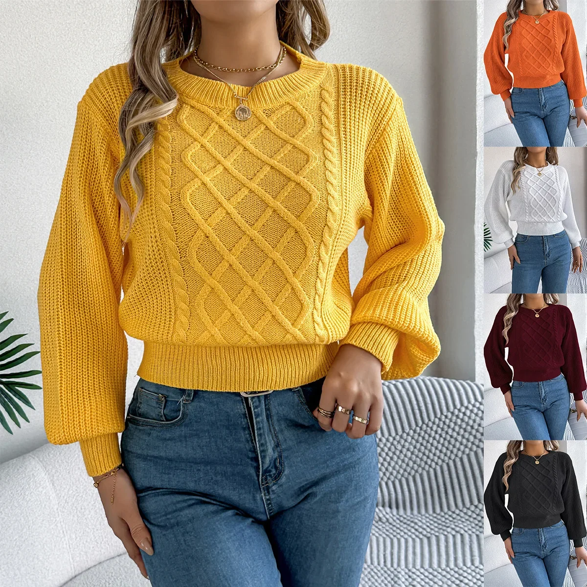 

Women's Fashion Autumn Winter Long Sleeve Knitted Sweater Waist Cinched Overhead Lantern Twist Pure Color