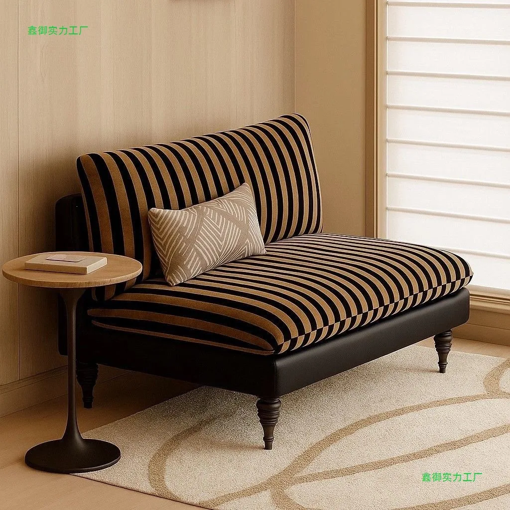 

HYS French retro striped fabric sofa small apartment bedroom living room B & B hotel medieval straight row double sofa