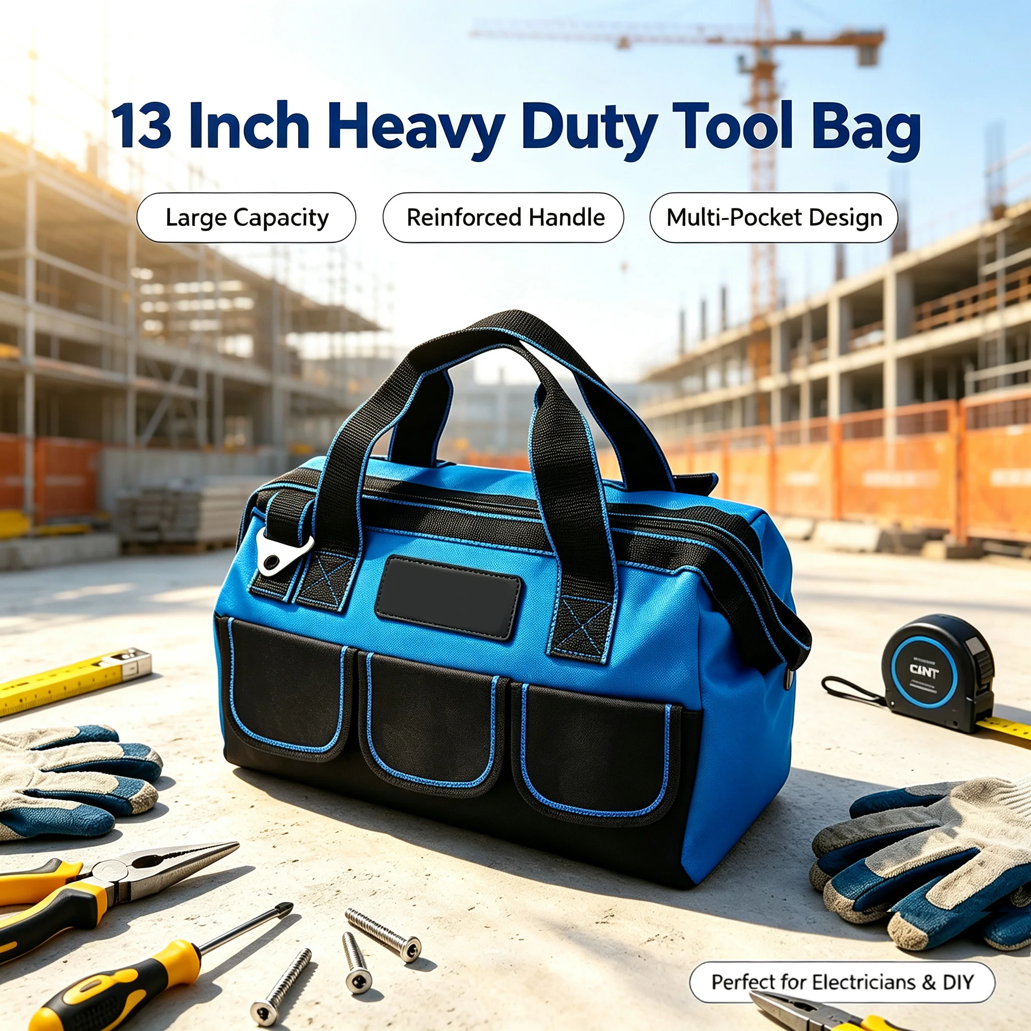 13 Inch Oxford Canvas Waterproof Tool Bag with Large Capacity Electrician Repair Storage Heavy Duty Durable Multifunctional