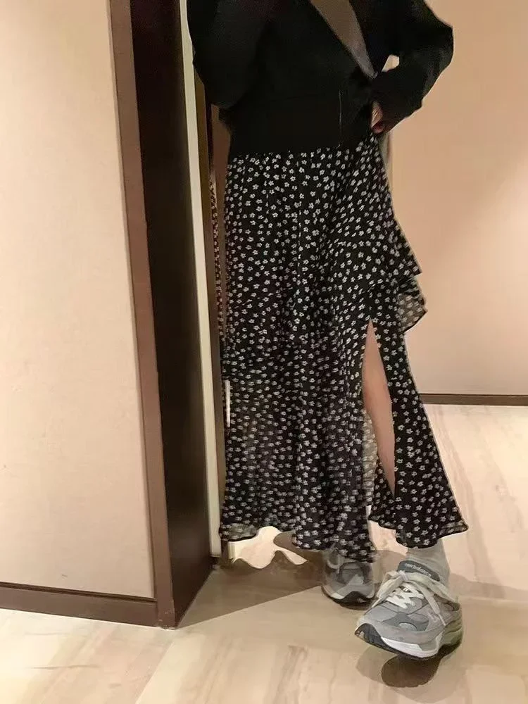 Summer New High Waist All Match Midi A Line Skirt Female Vintage Ruffles Floral Print Skirt Women Korean Fashion Side Slit Skirt