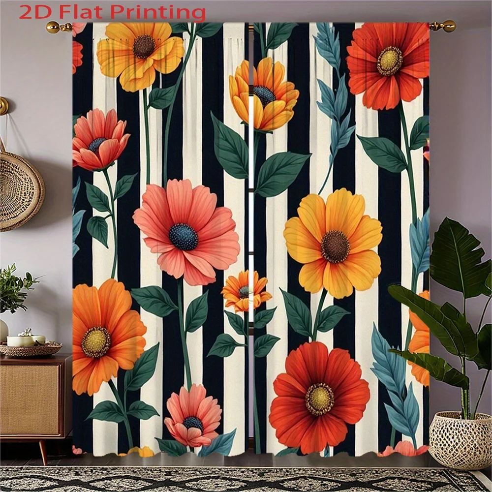 2D Flat, Vibrant Orange & Yellow Floral Print Semi-Sheer Curtains with Black & White Stripes - Machine Washable Polyester Light