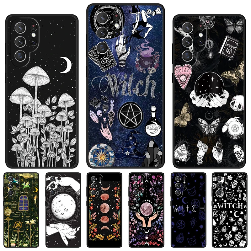 Etui na telefon Samsung Galaxy S24 S25 S23 S22 Ultra Note 10 20 Plus S20 S21 FE z motywem okultystycznego czarownictwa, księżyca i gotyckiej czarownicy.
