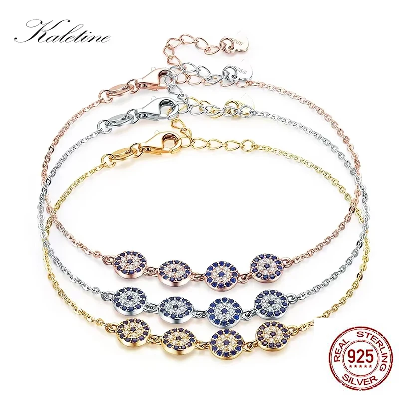 Image of Kaletine Echtes 925 Sterling Silber Armband Türkei Luxus Glücksbringer Blauer Stein Zirkonia Böser-Blick-Stein Gelb Roségold Schmuck