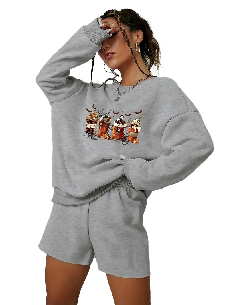 

2024 Halloween Horror Ice Vampire Print 2-piece set, women's crew-neck hoodie with casual shorts for women's comfort