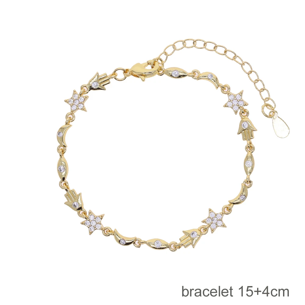 

2025 New Fashion Sparking CZ Paved Star Moon Eye Hand Charm Chain Bracelet Fashion Geometric Plain Gold Color Women Jewelry