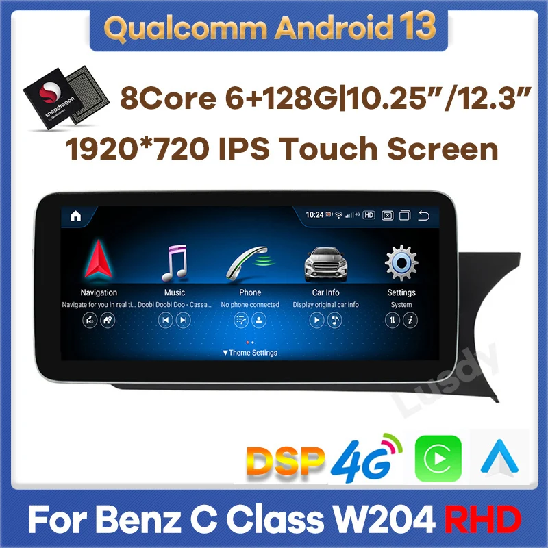 Android 13 Snapdragon 6+128G Car Multimedia Player GPS Radio for Mercedes Benz C Class W204 2011-2014 RHD Stereo CarPlay Screen