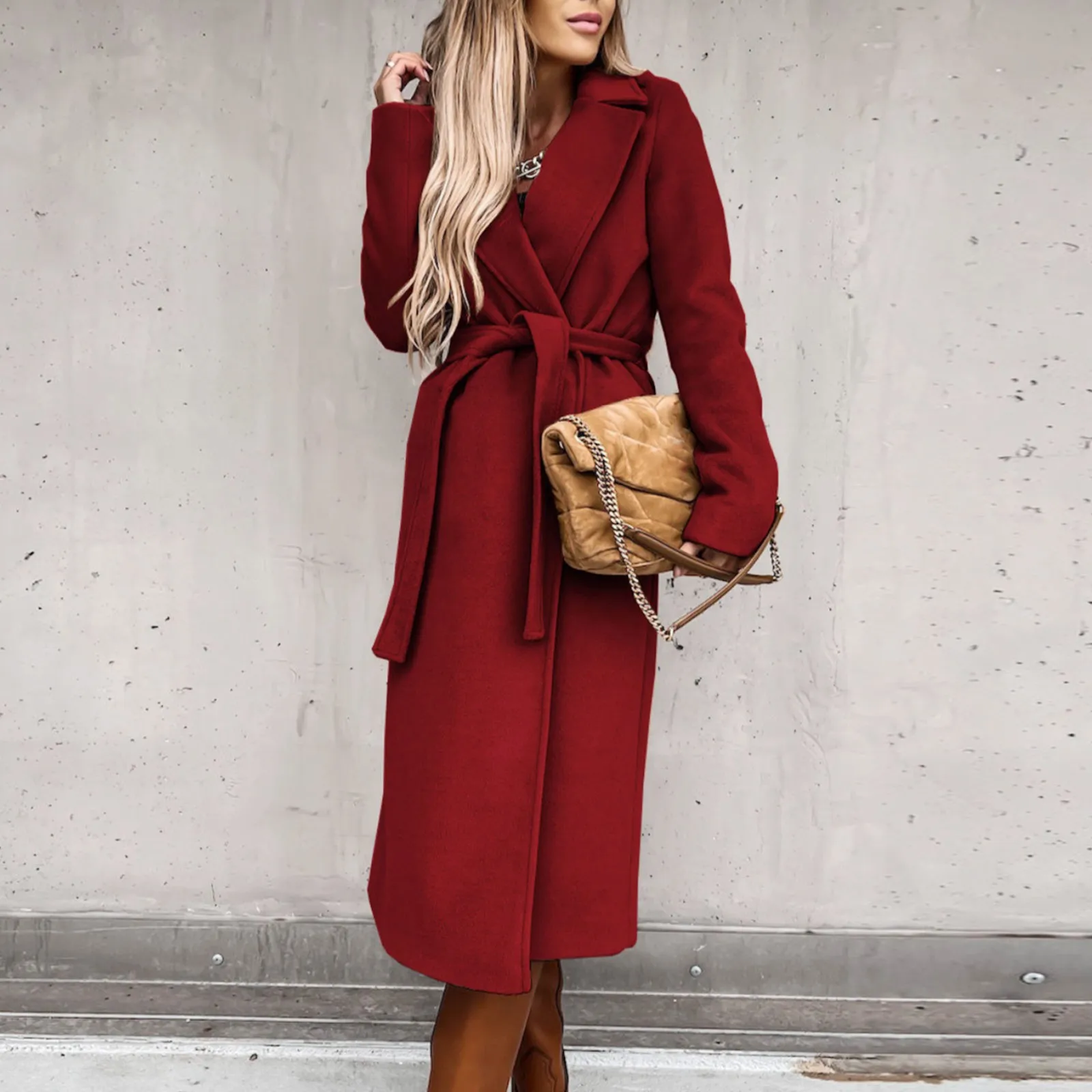 

Women Autumn Winter V-neck Woolen Coat With Belt Simple Style Solid Color Lapel Long Sleeved Warm Ladies Windbreakers Overcoat