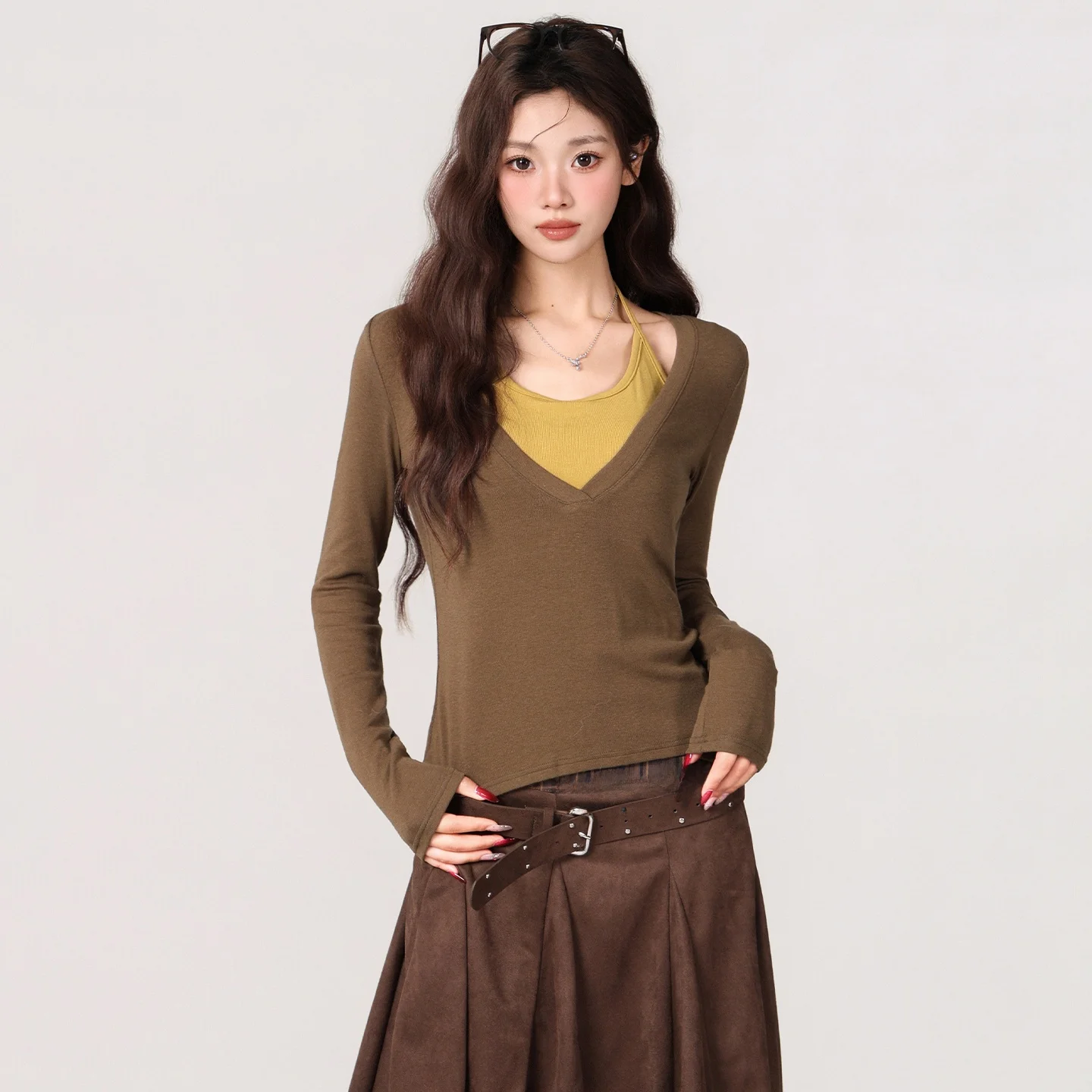 

Облегающая длинная футболка Sve V-Ne, женская повседневная футболка в Корейском стиле, осень-зима, Новое поступление, базовый слой, майка irt