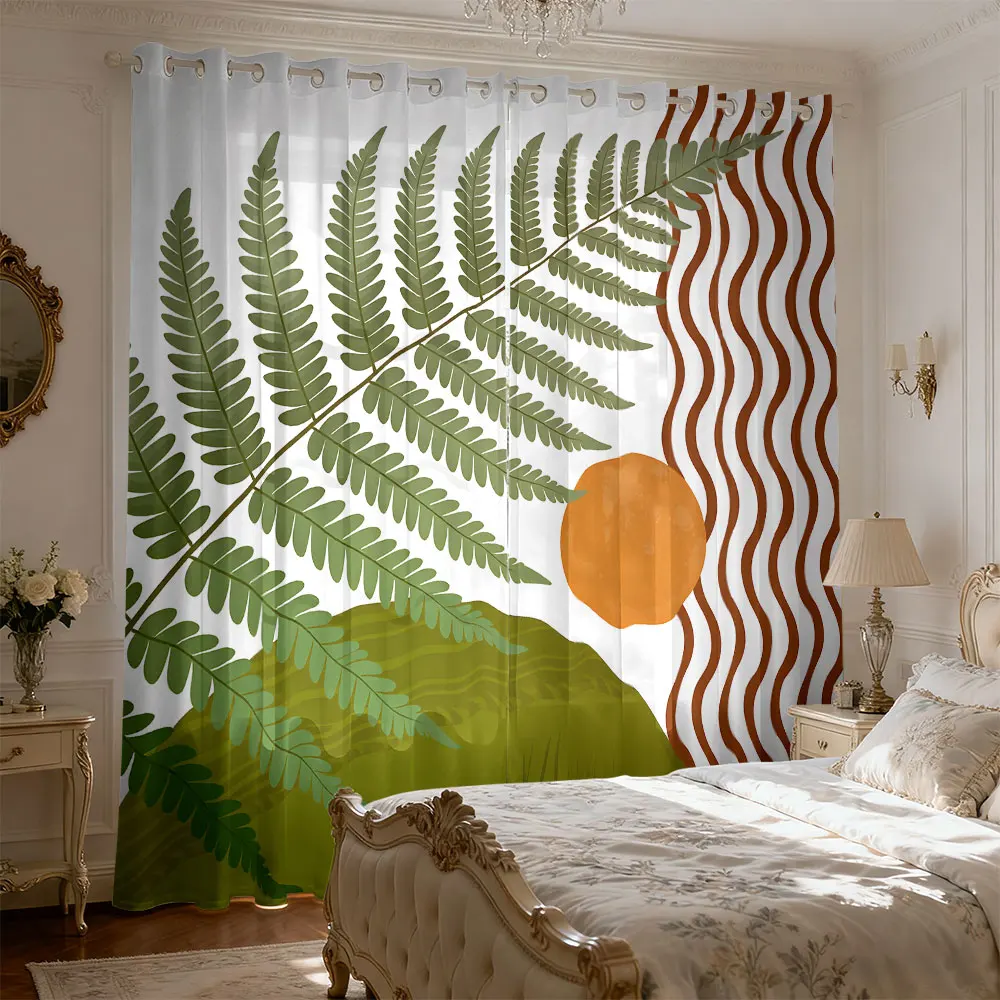 2PCS Retro Fern Leaf Sunset Wave Pattern Eyelet Blackout Curtains Privacy Window Drapes For Living Room Bedroom Home Decor