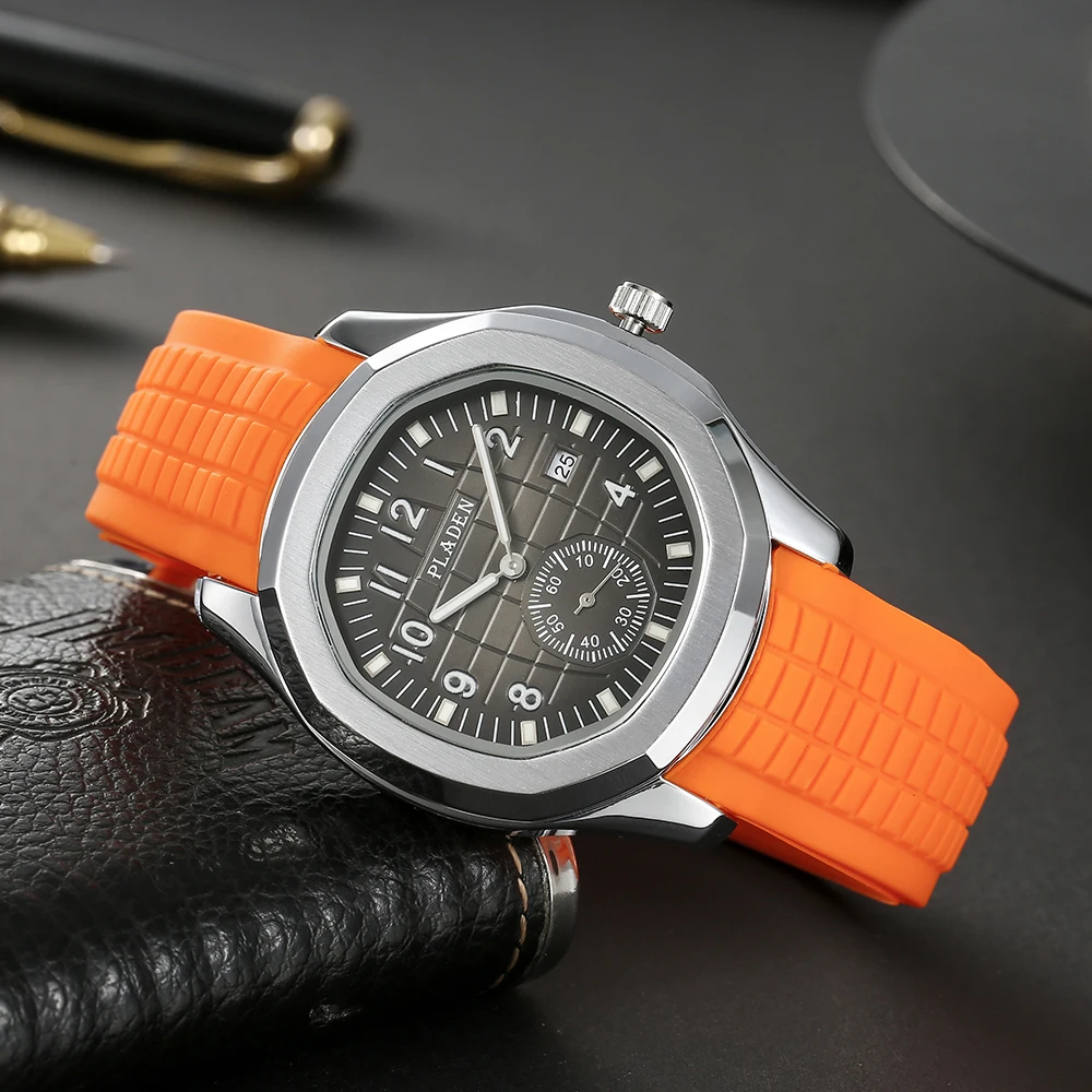 

Hot Sell PLADEN Casual Quartz Watch For Men Sports Orange Silicone Strap Watches Man Fashion Grenade Waterproof Wristwatch Reloj