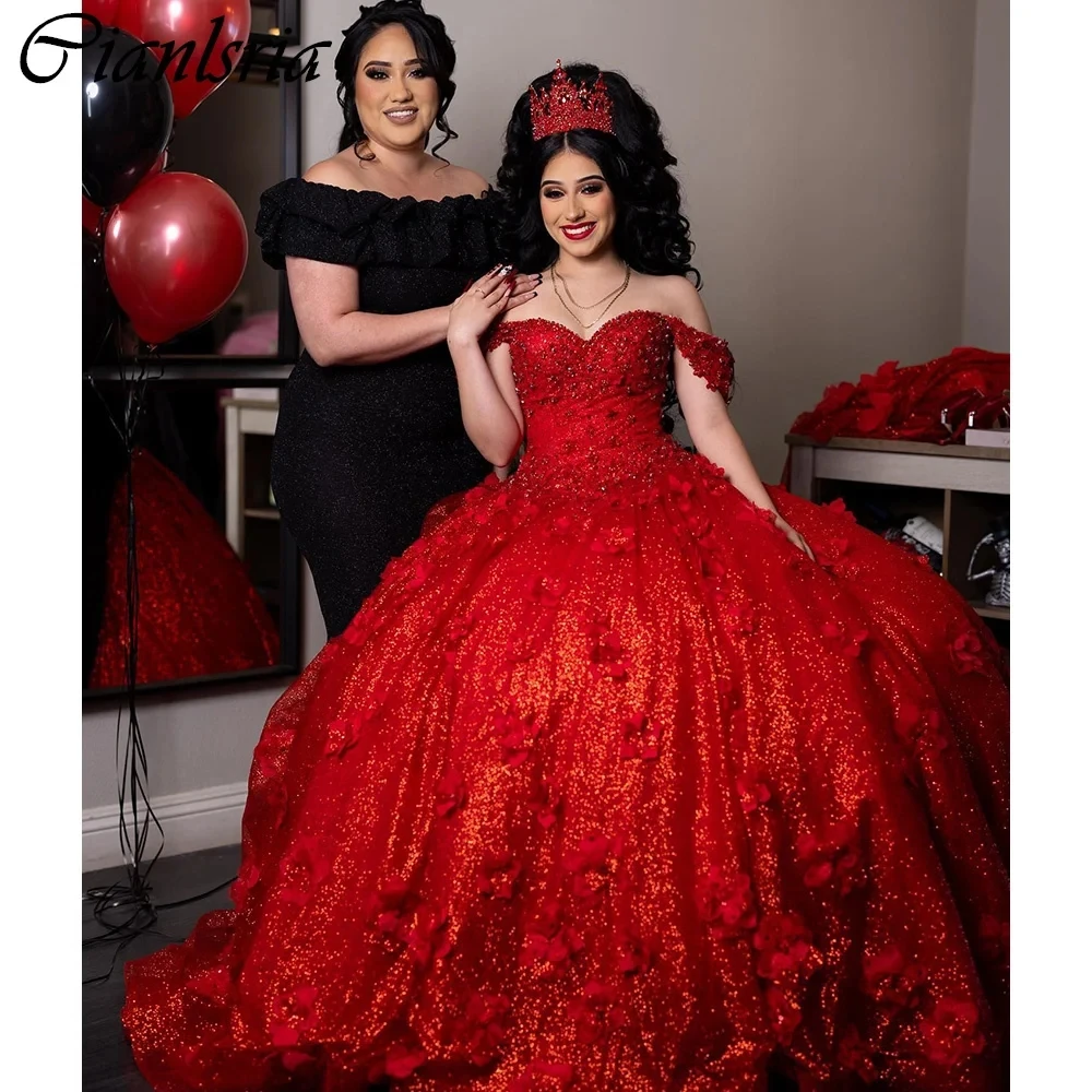 Vestido De quinceañera con cuentas De perlas Rojas, vestido De baile De cristal brillante, hombros descubiertos, corsé con flores 3D, 15 Años