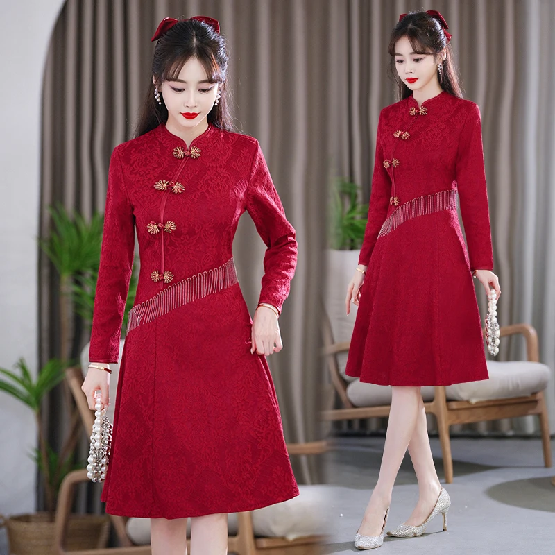 Luxury Woman Evening Qipao Dress Autumn Long Sleeve Chinese Style Traditional Improved Cheongsam Harajuku Wedding Clothes CNY