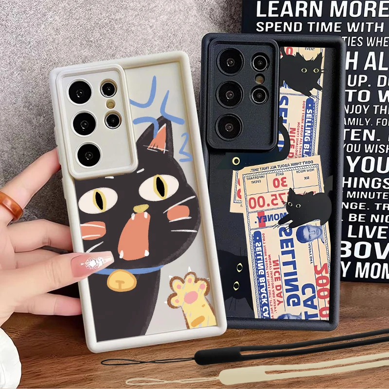 

Doodle Angry Cat For Samsung Galaxy S25 S24 S23 S22 S21 S20 FE Note 20 Ultra Plus 5G Eyes Ladder Lanyard Phone Case