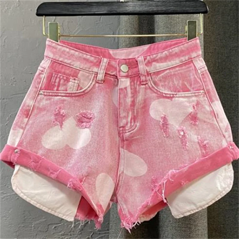 Pink High Waist Love Pattern A-Line Denim Shorts Women's Summer New Loose Wide Leg short