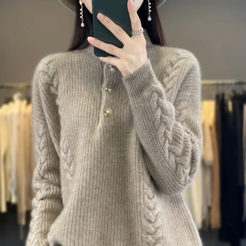 Cashmere Sweater Women\'s 2023 Autumn/Winter New Knitted Half High Collar Pullover 100% Wool Loose Korean Fashion Luxury Top