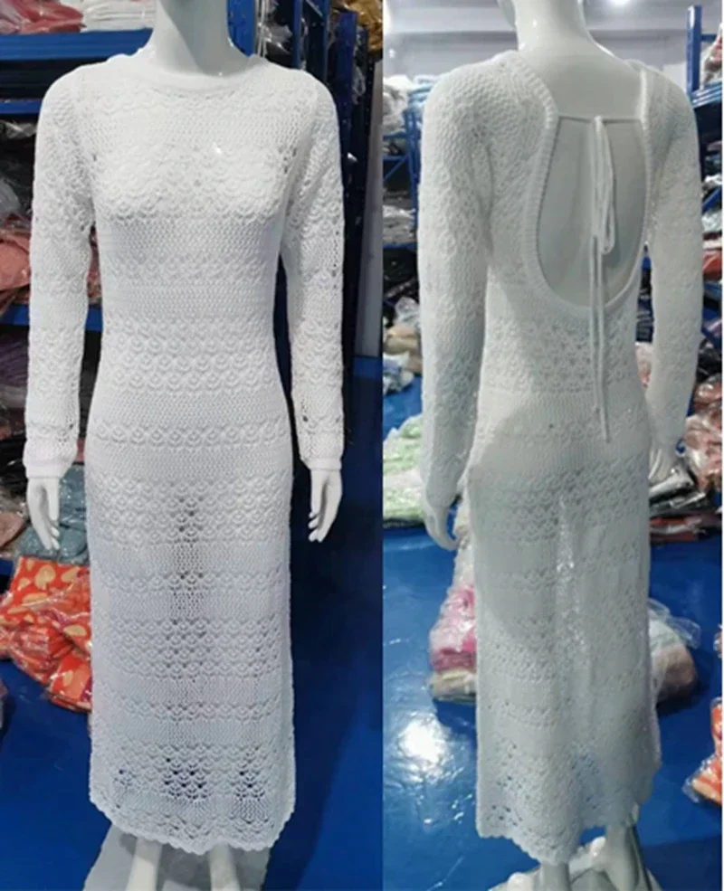 Sexy rückenfreies Langarm-Strickkleid mit Schnürung für Damen, weibliche Badebekleidung, Badeanzug-Vertuschung, gehäkelter Bikini-Vertuschung, Strandkleid