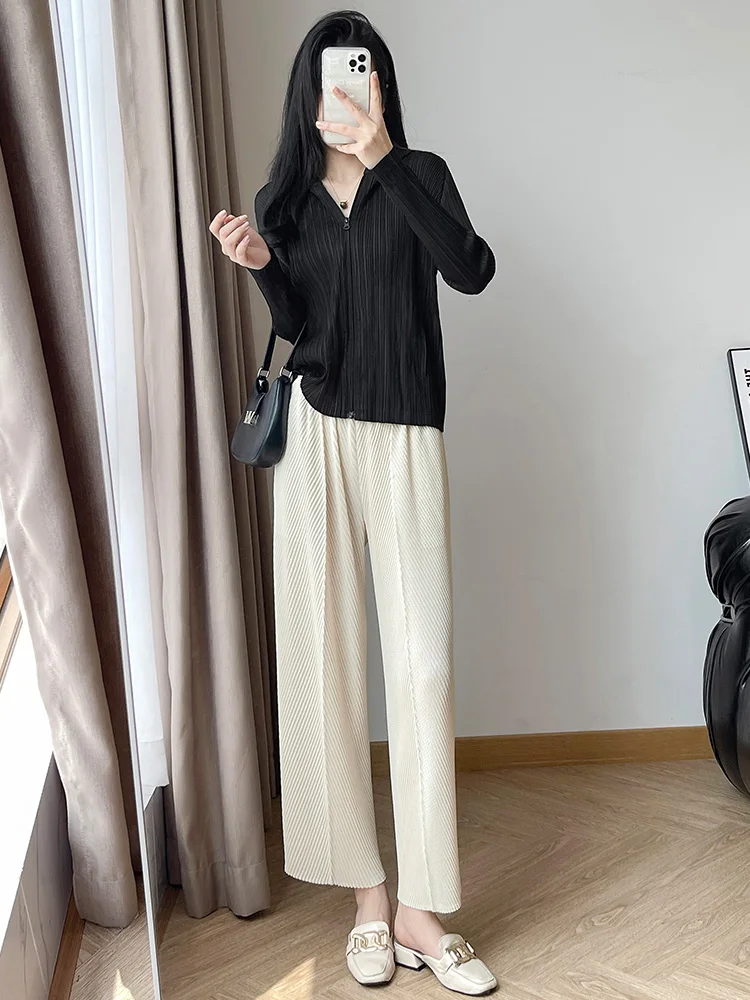 Three-Fold Pleated Loose Slimming Fish Scale Pants Nine-Piece Summer New Style Casual High Waist Polyester Fiber Women's Pants