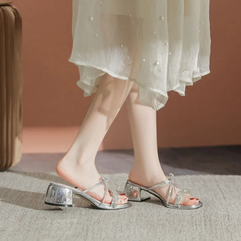 Elegant Silver Sandals for Women Summer Crystal High-heeled Shoes 2026 French Bow Sandals Open Toes Thick Heels Slippers
