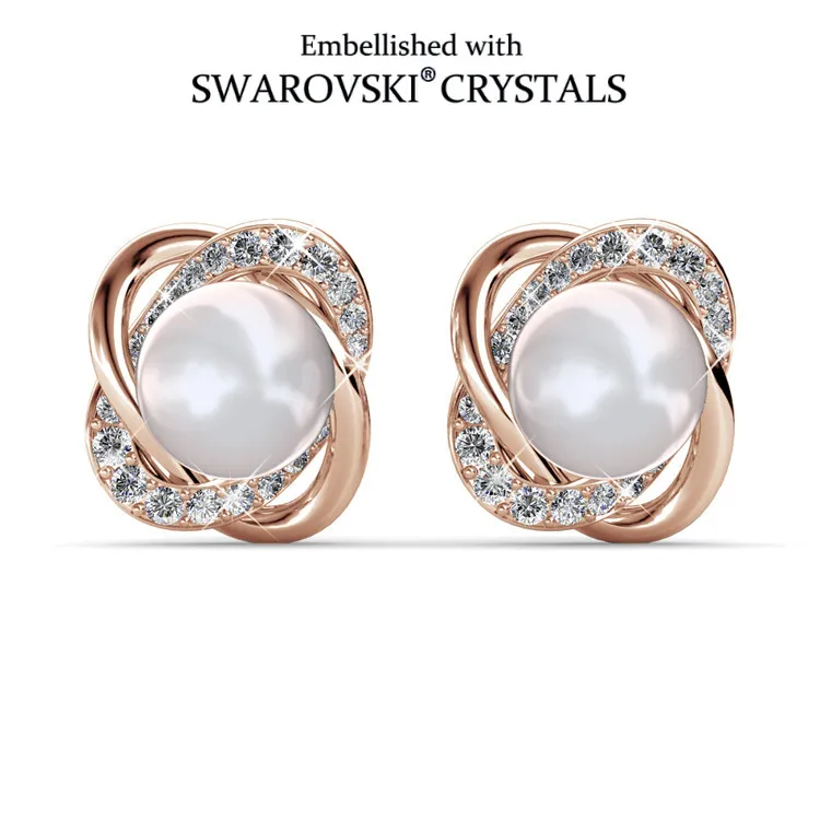 Daisini Pearl Stud Earrings for Women, Embellished with Swarovski Crystals, 18K Rose Gold Plated, Elegant Swirl Jewelry Gift