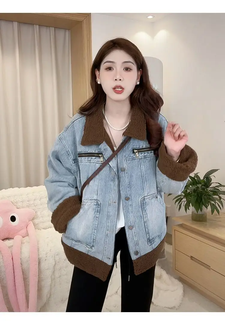 Abrigo vaquero butciones piel felpa mujer invierno algodón acolchado acampanado minimalismo urbano reunión Social cuello alto botón a presión con capucha