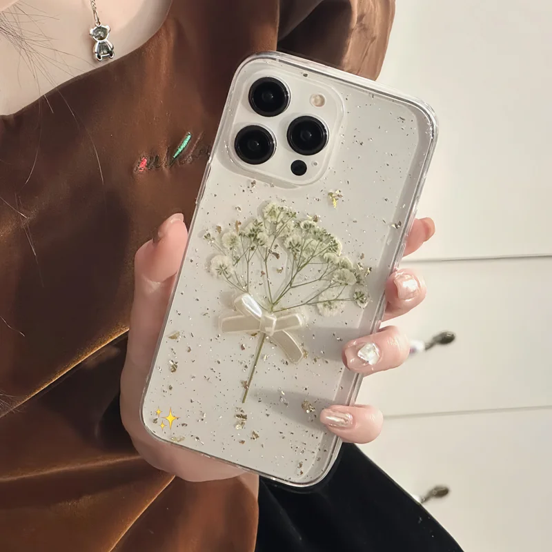 3D Bow Dry Flower Transparent Phone Case for iPhone 15 Pro Max 14 Plus 13 Mini 12 11 Xsmax Xr 8Plus Fall Protection Case