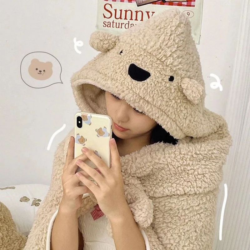 Bear Hooded Throw Blanket Winter Bear Fleece Shawl Cloak Women Warm Blanket For Office Bedroom Room Wearable Soft Cute Blankets