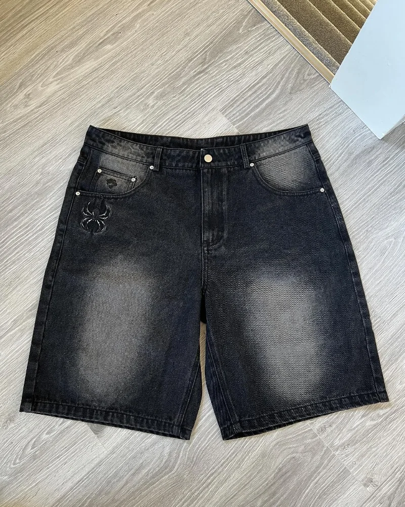 Shorts jeans bordados gradiente preto para mulheres, calça casual, Y2K Hip Hop, tendência de rua, rua alta, jeans esportivos