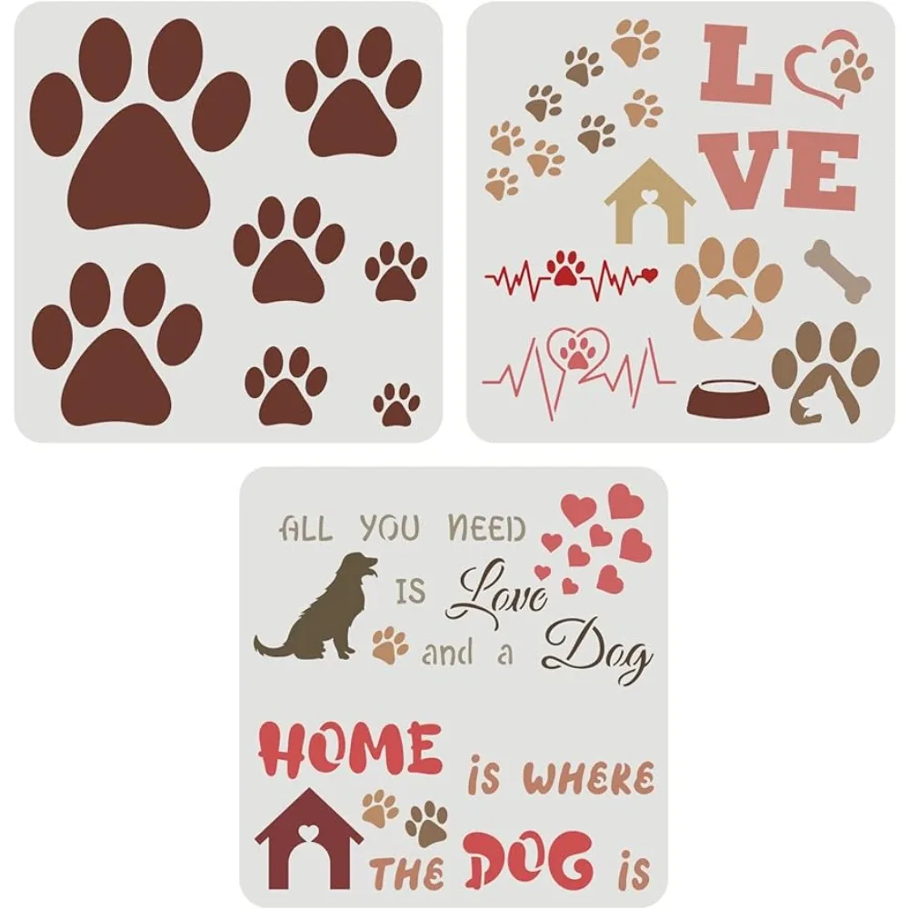 

3 Pcs Dog Paw Print Stencils 11.8x11.8inch Trail of Paw Prints Stencil Love Dog Home Templates Reusable Large Drawing