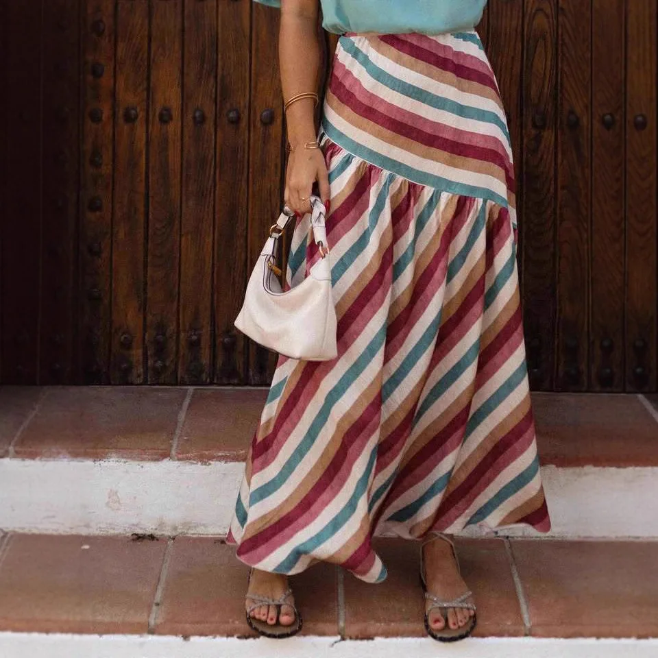 

Новая праздничная красочная полосатая длинная юбка с высокой талией и принтом, женская юбка, летняя мода, элегантные повседневные свободные вечерние юбки 2025