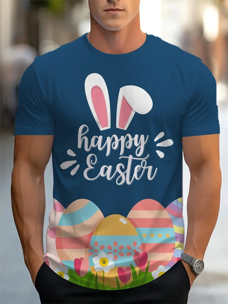 Men's Vibrant Boho Rabbit Graphic T-Shirt Casual Crew Neck Short Sleeve Top Colorful Easter Themed Tee