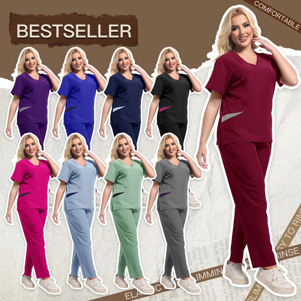 Summer Elastic Anti-wrinkle Surgical Uniform Dentist Clinical Uniform Men Women's Jogger Suit Medical Scrub Top Pant With Pocket