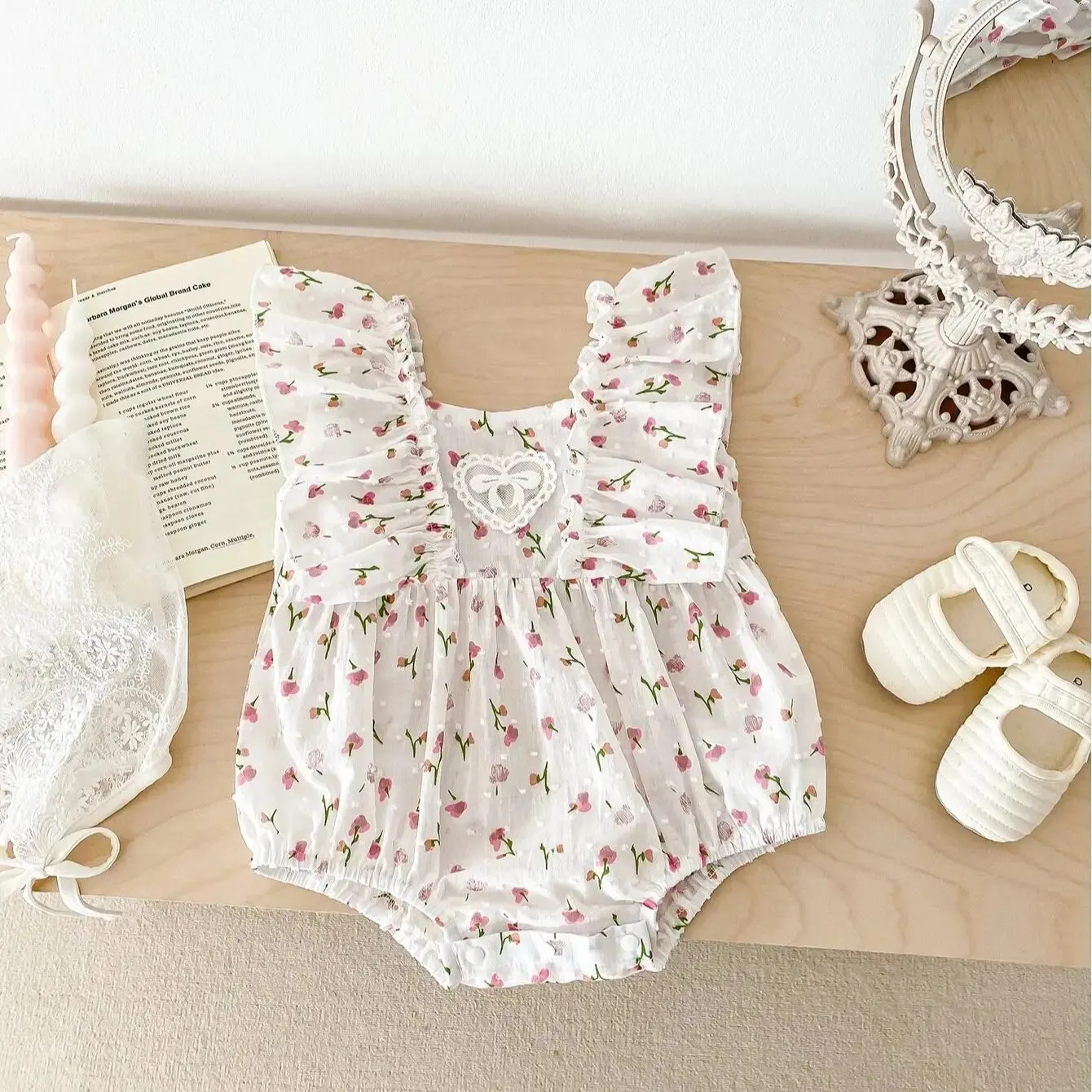 2024 Summer New in Infant Baby Girls Fly Sleeve Floral Love Ruched Outfits Kids Newborn Jumpsuits Toddler Bodysuits 0-24M