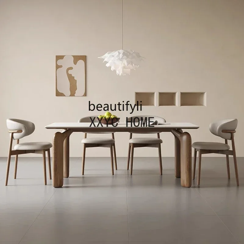 Nordic Style Solid Wood Dining Table Modern Minimalist Walnut Rectangular Stone Plate Dining Table Home