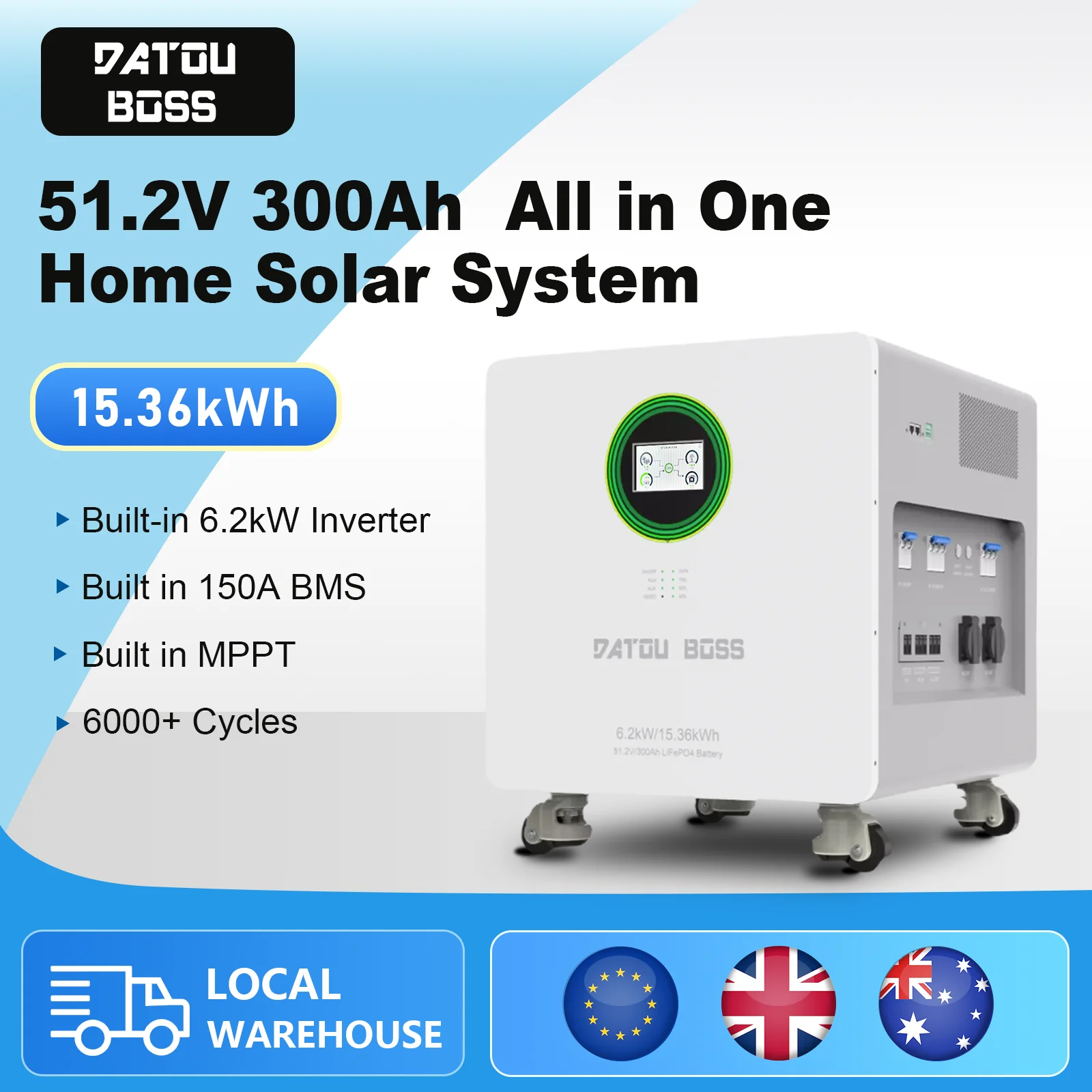 DATOUBOSS 15,36 kWh All-in-One-LiFePO4-Akku, 51,2 V, integrierter 6,2-kW-Wechselrichter, AC220 V, Heim-Solarsystem