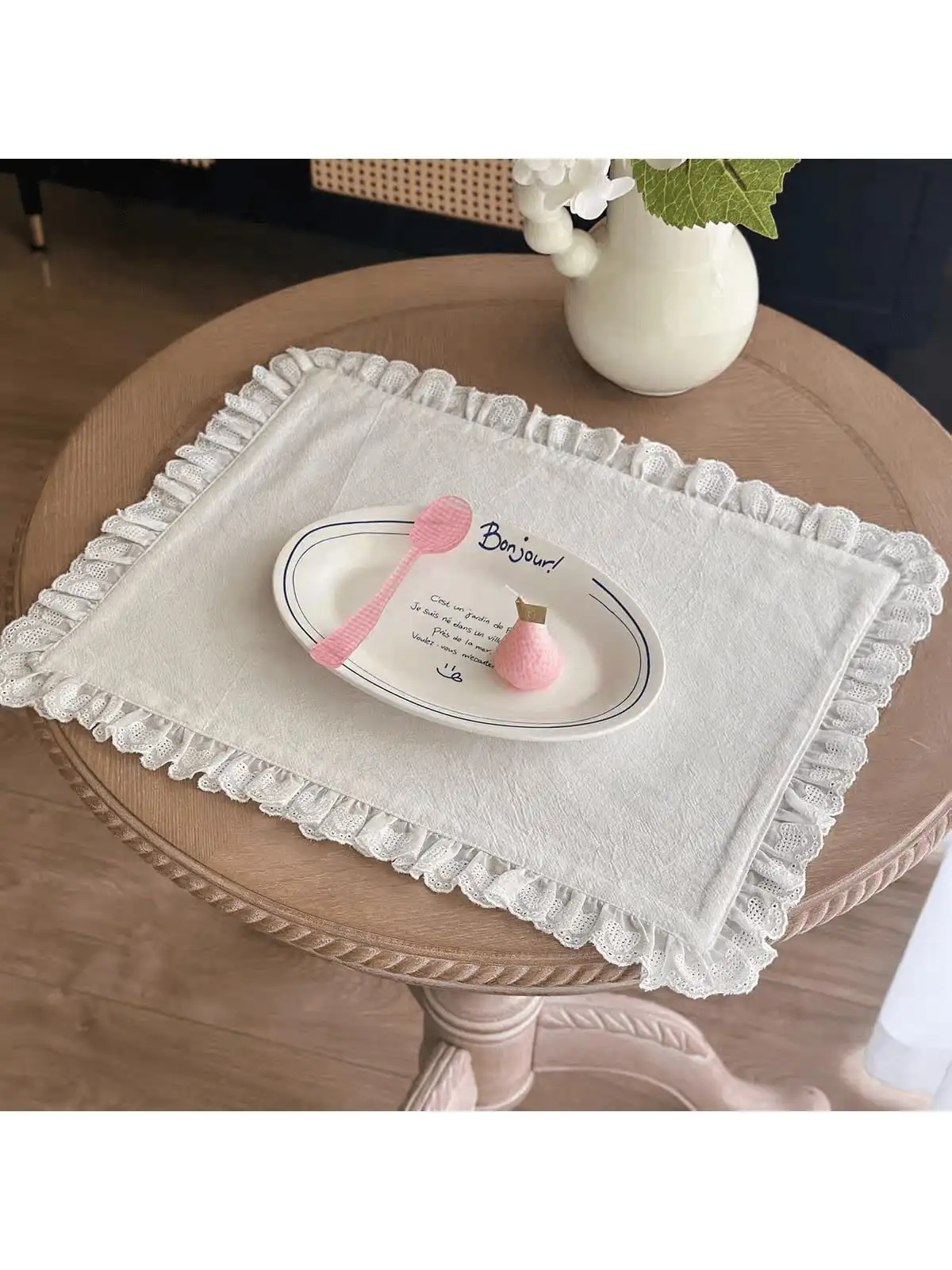 6 قطع من مفرش طاولة أنيق مكشكش من الدانتيل البيج لتزيين الطاولة في المطبخ وغرفة الطعام وحفلات الإفطار