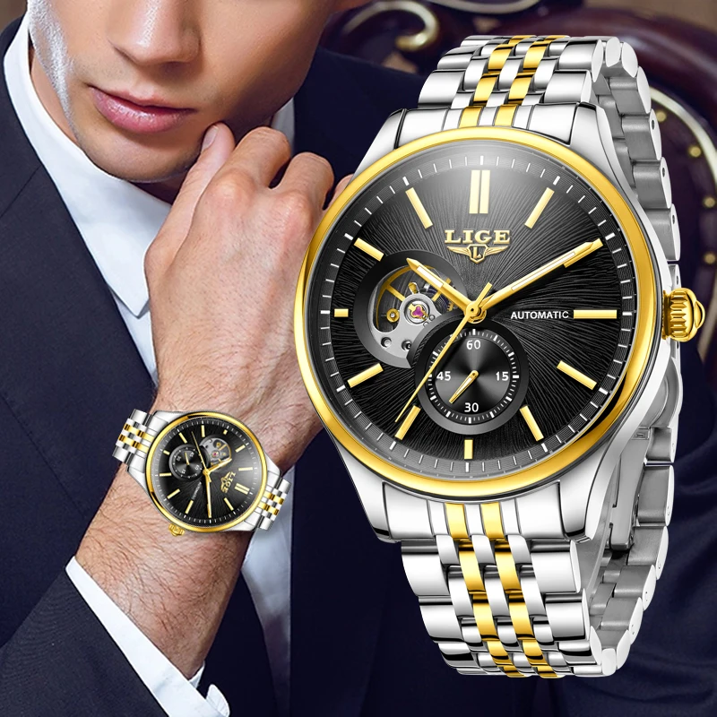 

LIGE Top Luxury Automatic Mens Watch Fashion Casual Mechanical Watches Men Waterproof Luminous Steel Wristwatches Reloj Hombre