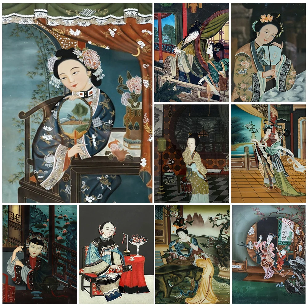 

Vintage Chinese Lady Scene Canvas,Qing Dynasty Lifestyle Wall Art,Traditional Oriental Beauty Poster Print Home Decor Unframed