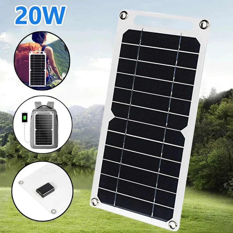 20W Solar Panel USB 5V Solar Cell Outdoor Hike Battery Charger System Solar Panel Kit Complete for Mobile Phone Power Bank Watch