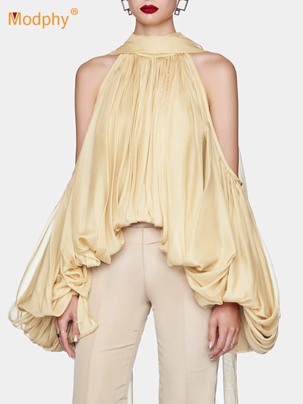 

Modphy Temperament Bow Tie Off Off Shoulder Chiffon Shirt For Women 2025 New Solid Scarf With Bubble Sleeves Loose Top Blouse