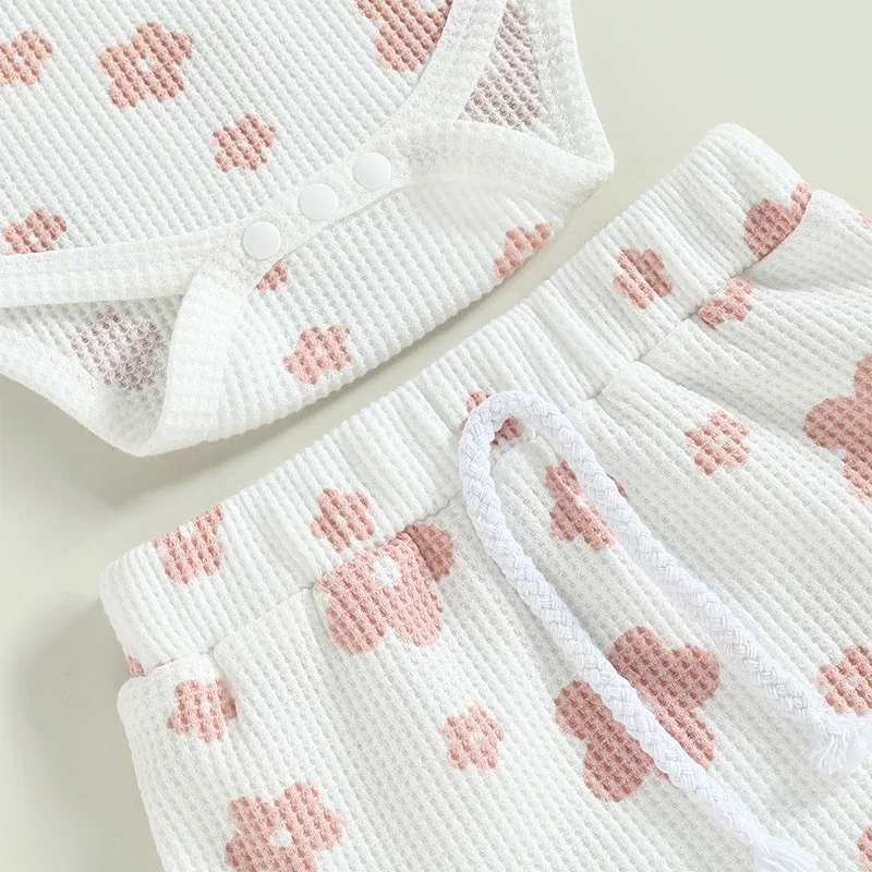 Conjunto de 3 peças de roupas de verão para bebês meninas de 0 a 18 meses, macacão floral sem mangas + shorts + faixa de cabeça